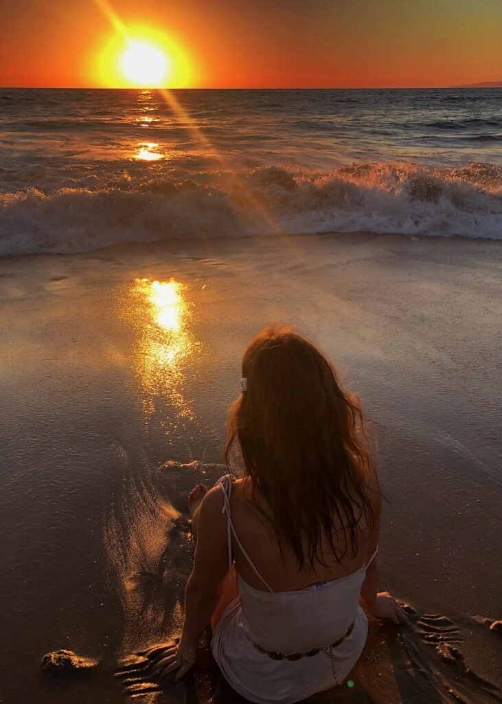 beach, sunset, water, evening, sand, vacation, mood, ocean, sky, sun, dusk, meditation, violetworld, woman, girl, think, meditate, wave, peaceful, peace, solitude, brown meditation, brown thinking, brown think
